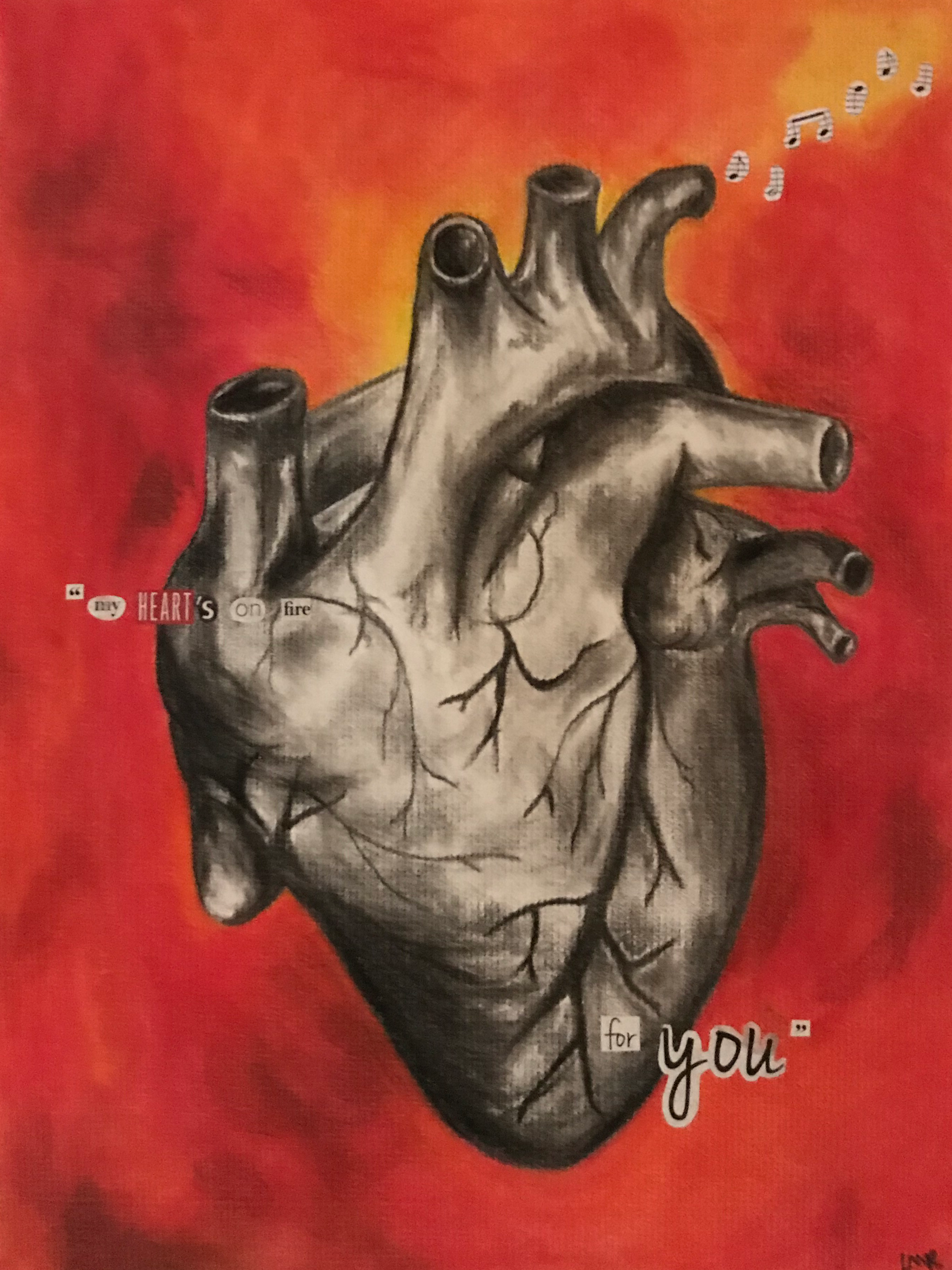 <em>Hearts on Fire</em><br>From the head_heat series<br>Charcoal, Pastel, Collage on Paper<br>12 in x 9 in