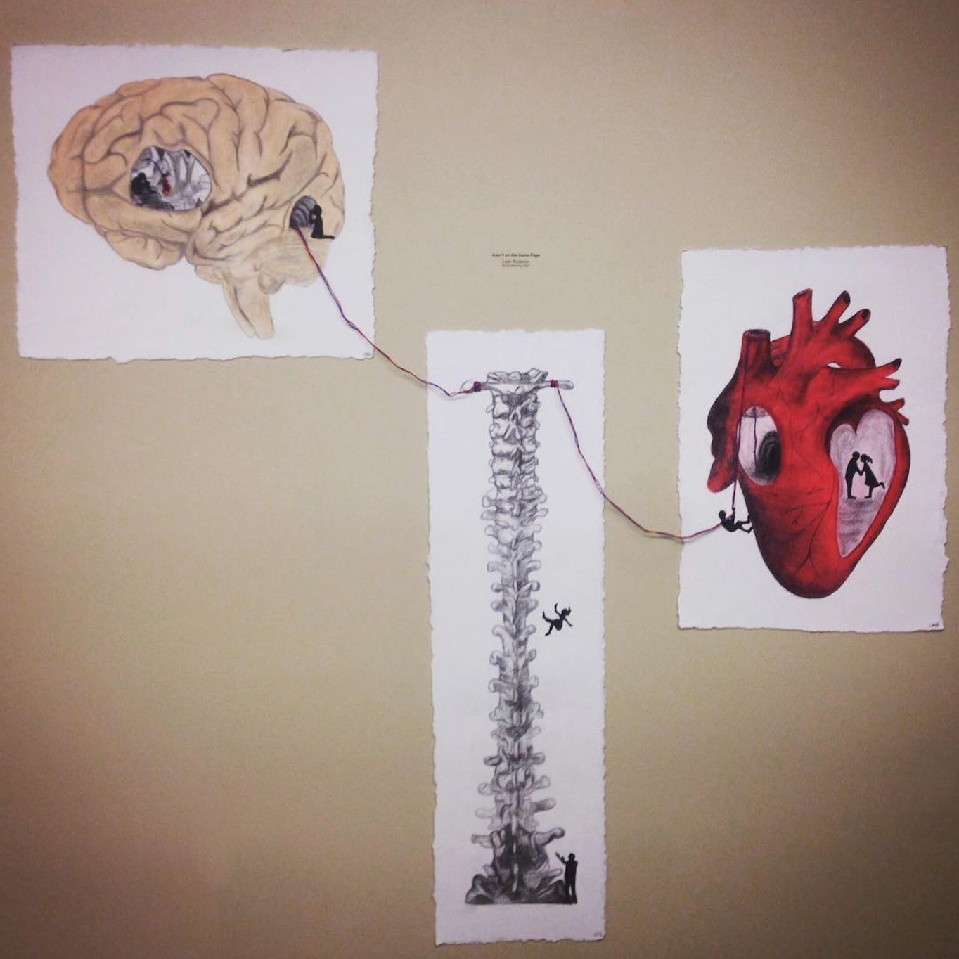 <em>Not on The Same Page</em><br>From the Head Heart Series<br>String, Cardboard, charcoal, pastel on paper<br>14.5 in x17 in<br>30 in x 8.5 in<br>18.5 in x 13in
